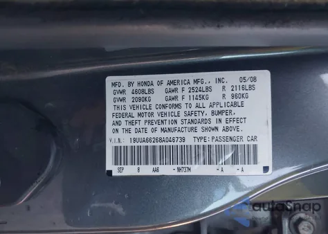 2008 Acura Tl 3.2 from USA, damaged, VIN 19UUA66268A046739